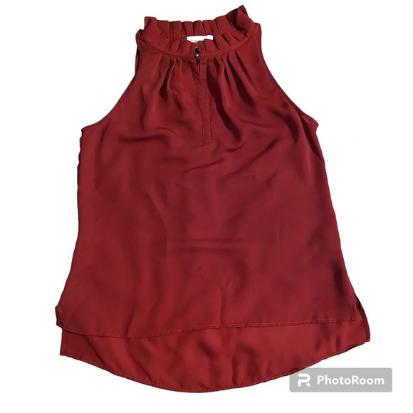 Laundry by Shelli Segal XS Maroon Sleeveless Ruffled Mock Neck Blouse Tank Top - Picture 3 of 9